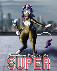 Size: 1024x1280 | Tagged: safe, artist:korencz11, character:rarity, species:pony, species:unicorn, fanfic:sometimes they call me super, electricity, fanfic, fanfic art, fanfic cover, female, fetlock tuft, magic, solo, super suit, superhero, traditional unicorn tail, weapon