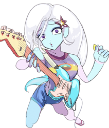Size: 1129x1330 | Tagged: safe, artist:ceitama, character:trixie, my little pony:equestria girls, camp everfree outfits, electric guitar, female, guitar, guitar pick, musical instrument, solo, stratocaster