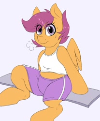 Size: 848x1024 | Tagged: safe, artist:littlebibbo, character:scootaloo, species:pegasus, species:pony, clothing, cute, cutealoo, exhausted, eye clipping through hair, female, filly, gym shorts, looking at you, orange fur, purple eyes, semi-anthro, shorts, simple background, sitting, sweat, tank top