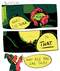 Size: 1569x1869 | Tagged: safe, artist:overlord pony, oc, oc only, oc:crimson corrado, oc:nuclear blossom, species:pegasus, species:pony, species:unicorn, 2 panel comic, annoyed, broken horn, clothing, comic, hat, horn, kitchen, limited palette, sunrise, top hat, vulgar