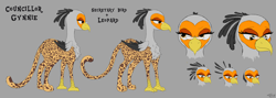 Size: 11479x4067 | Tagged: safe, artist:skunk bunk, oc, oc only, oc:councillor gynnie, species:bird, species:griffon, big cat, butt, cougar, feather, female, glasses, griffon oc, leopard, leopard griffon, leopard print, mature, milf, paws, reference sheet, secretary bird, simple background, solo, tail, talons, unimpressed, wings