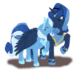 Size: 4104x3760 | Tagged: safe, artist:edhelistar, derpibooru original, character:princess luna, character:trixie, species:alicorn, species:pony, ship:luxie, alicornified, alternate hairstyle, artemis luna, boop, clothing, female, hairband, hoof shoes, hug, jewelry, lesbian, mare, mirror universe, mixed media, noseboop, peytral, princess of humility, race swap, raised hoof, shipping, simple background, tiara, transparent background, trixiecorn, winghug