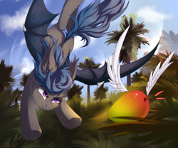 Size: 1700x1415 | Tagged: safe, artist:magicbalance, oc, oc:nocturne star, species:bat pony, bat pony oc, bat wings, blue mane, chase, flying, food, forest, forest background, grass, grass field, grey fur, mango, purple eyes, tree, tropical, wings