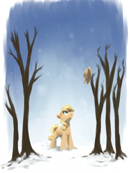 Size: 1224x1617 | Tagged: safe, artist:ravistdash, character:applejack, species:earth pony, species:pony, applejack's hat, clothing, cowboy hat, female, hat, hatless, looking up, mare, snow, solo, tree, winter