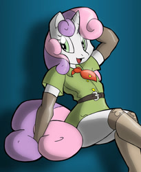 Size: 732x892 | Tagged: safe, artist:theburningdonut, character:sweetie belle, species:anthro, species:pony, species:unicorn, arm behind head, female, filly scouts, scout, solo