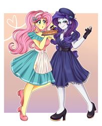 Size: 3500x4300 | Tagged: safe, artist:lucy-tan, character:fluttershy, character:rarity, ship:rarishy, my little pony:equestria girls, adorasexy, breasts, cleavage, clothing, commission, cute, dessert, female, food, gloves, high res, lesbian, looking at you, open mouth, pie, sexy, shipping, tray, waitress