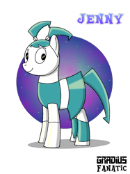 Size: 1000x1337 | Tagged: safe, artist:gradiusfanatic, species:pony, crossover, jenny wakeman, my life as a teenage robot, ponified, robot, robot pony, simple background, solo, transparent background