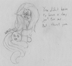 Size: 2255x2063 | Tagged: safe, artist:wapamario63, character:fluttershy, species:pegasus, species:pony, blushing, cute, dialogue, female, fluttershy day, mare, monochrome, pencil drawing, shyabetes, sitting, solo, traditional art