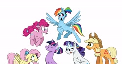 Size: 3653x1929 | Tagged: safe, artist:piemations, character:applejack, character:fluttershy, character:pinkie pie, character:rainbow dash, character:rarity, character:twilight sparkle, species:earth pony, species:pegasus, species:pony, species:unicorn, alternate hairstyle, backwards cutie mark, mane six, ponytail