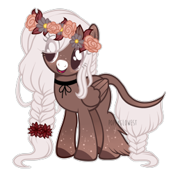 Size: 2521x2533 | Tagged: safe, artist:poppyglowest, oc, oc only, species:pegasus, species:pony, braid, braided tail, female, floral head wreath, flower, flower in hair, freckles, high res, mare, outline, simple background, solo, transparent background, unshorn fetlocks, white outline