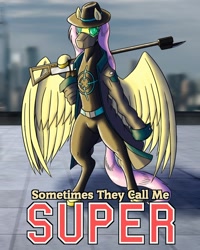 Size: 1024x1280 | Tagged: safe, artist:korencz11, character:fluttershy, species:pegasus, species:pony, fanfic:sometimes they call me super, clothing, coat, fanfic, fanfic art, fanfic cover, female, gun, hat, mask, rifle, solo, super suit, superhero, weapon