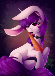 Size: 2744x3760 | Tagged: safe, artist:shenki, oc, oc only, oc:lapush buns, species:pony, species:unicorn, bow tie, bunnycorn, carrot, food, herbivore, hungry, licking, solo, suggestive eating, tongue out