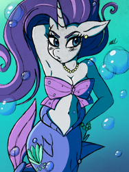 Size: 1024x1359 | Tagged: safe, artist:katkathasahathat, edit, character:rarity, species:anthro, episode:scare master, g4, my little pony: friendship is magic, arm behind back, armpits, belly button, breasts, bubble, cleavage, clothing, color edit, colored, costume, ear piercing, earring, female, hand on hip, jewelry, mermaid, mermarity, merpony, midriff, piercing, seashell bra, sketch, solo, traditional art, underwater