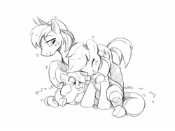 Size: 4000x3000 | Tagged: safe, artist:drtuo4, character:apple bloom, character:applejack, character:big mcintosh, species:earth pony, species:pony, accessory swap, adorabloom, apple siblings, apple sisters, brother and sister, cute, family, jackabetes, laughing, monochrome, siblings, silly, sisters, sketch, smiling, squishy cheeks, tongue out