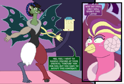 Size: 1087x741 | Tagged: safe, artist:jacalope, character:princess eris, oc, oc:mitzi, species:draconequus, contract, dialogue, draconequified, pixel art, species swap, speech bubble, this will end in tears