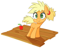 Size: 943x764 | Tagged: safe, artist:ikarooz, character:applejack, alternate hairstyle, apple, blank flank, board, cute, female, filly, filly applejack, food, jackabetes, ponytail, simple background, smiling, solo, transparent background, wood, younger