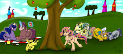 Size: 2000x889 | Tagged: safe, artist:cactuscowboydan, commissioner:bigonionbean, writer:bigonionbean, oc, oc:heartstrong flare, oc:king righteous authority, oc:king speedy hooves, oc:princess mythic majestic, oc:princess young heart, oc:queen fresh care, oc:queen galaxia, oc:tommy the human, species:alicorn, species:pony, apple, apple tree, blushing, cake, chasing own tail, child, clothing, colt, conductor, cookie, couples, cousins, crown, cutie mark, dessert, ethereal mane, female, filly, food, fruit, fusion, fusion:heartstrong flare, fusion:king righteous authority, fusion:king speedy hooves, fusion:princess mythic majestic, fusion:princess young heart, fusion:queen fresh care, fusion:queen galaxia, glasses, hat, husband and wife, jewelry, juice, lemonade, magic, male, muffin, nuzzling, picnic, ponyville, regalia, tree, uniform, wonderbolt trainee uniform