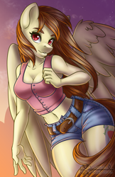 Size: 825x1275 | Tagged: safe, artist:bumblebun, oc, oc only, species:anthro, species:pegasus, species:pony, belly button, belt, big wings, breasts, clothing, denim shorts, female, looking at you, mare, patreon, prize, red eyes, sexy, shorts, solo, tail, tank top, thighs, tomboy, watermark, wings