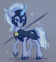 Size: 1788x1980 | Tagged: safe, artist:magicbalance, rcf community, character:silver sable, species:pony, species:unicorn, g4, armor, background pony, curved horn, female, gray background, guard, guardsmare, horn, magic, mare, night guard, night guard armor, royal guard, simple background, sketch, solo, telekinesis, weapon