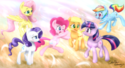 Size: 2200x1200 | Tagged: dead source, safe, artist:xcopyen002, character:applejack, character:fluttershy, character:pinkie pie, character:rainbow dash, character:rarity, character:twilight sparkle, character:twilight sparkle (alicorn), species:alicorn, species:earth pony, species:pegasus, species:pony, species:unicorn, female, mane six, mare