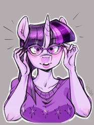 Size: 1024x1366 | Tagged: safe, artist:noupie, character:twilight sparkle, species:anthro, species:pony, adorasexy, adorkable, blushing, breasts, bust, busty twilight sparkle, clothing, cute, dork, ear fluff, eye clipping through hair, female, glasses, looking at you, mare, meganekko, nerd, portrait, sexy, simple background, solo, sweater, sweater puppies, twiabetes