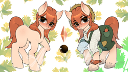 Size: 1000x567 | Tagged: safe, artist:yasuokakitsune, oc, species:pony, adoptable, advertisement, carrot, clothing, dirty, food, freckles, hat, overalls, patch, red hair, reference sheet, shirt, solo