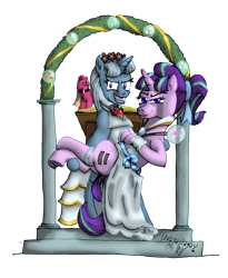 Size: 4170x5078 | Tagged: safe, artist:edhelistar, derpibooru original, character:starlight glimmer, character:sundance, character:trixie, species:pony, species:unicorn, ship:startrix, g2, absurd resolution, alicorn amulet, bad end, bipedal, book, bridal carry, butt, carrying, clerical collar, clothing, column, commission, creepy, creepy smile, crossed legs, cutie mark theft, dock, dress, duo, equal cutie mark, equalized, equalized mane, female, flower band, frog (hoof), garter, glimmer glutes, lesbian, looking at you, marriage, mixed media, ponytail, psychotic, ribbon, s5 starlight, shipping, simple background, smiling, smug, smuglight glimmer, steps, toy, transparent background, underhoof, wall of tags, wedding, wedding arch, wedding dress, welcome home twilight, xk-class end-of-the-world scenario