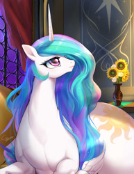 Size: 944x1220 | Tagged: safe, artist:chigusa, character:princess celestia, species:alicorn, species:pony, curtains, cute, cutelestia, female, flower, flower vase, horse, huge butt, large butt, looking sideways, lying down, mare, praise the sun, princess celestia is a horse, small head, solo, the ass was fat, thick, vase, window