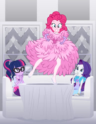 Size: 900x1168 | Tagged: safe, artist:sapphiregamgee, character:pinkie pie, character:rarity, character:twilight sparkle, character:twilight sparkle (scitwi), species:eqg human, my little pony:equestria girls, clothing, dancing, dress, fashion, fashion style, female, glasses, show accurate, tap dancing, the great muppet caper, the muppets, toy