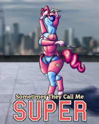 Size: 1200x1500 | Tagged: safe, artist:korencz11, character:pinkie pie, species:earth pony, species:pony, fanfic:sometimes they call me super, armor, fanfic, fanfic art, fanfic cover, female, knife, solo, super suit, superhero, weapon