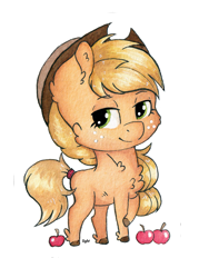 Size: 1093x1527 | Tagged: safe, artist:lightisanasshole, character:applejack, species:earth pony, species:pony, alternate hairstyle, apple, applejack's hat, blonde hair, chest fluff, chibi, clothing, colored hooves, cowboy hat, ear fluff, female, food, freckles, hat, looking at you, neck fluff, redesign, simple background, smiley face, solo, sticker, traditional art