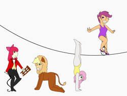 Size: 2048x1536 | Tagged: safe, artist:mintymelody, character:apple bloom, character:applejack, character:scootaloo, character:sweetie belle, species:pegasus, species:pony, my little pony:equestria girls, all fours, animal costume, applelion, barefoot, circus, clothing, costume, feet, grin, handstand, hypnosis, hypnotized, leotard, lion tamer, smiling, swirly eyes, tightrope, unicycle, upside down, whip