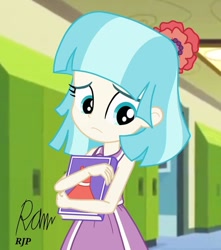 Size: 850x960 | Tagged: safe, artist:rjp.rammy, character:coco pommel, my little pony:equestria girls, book, clothing, dress, equestria girls-ified, female, locker, sad, solo