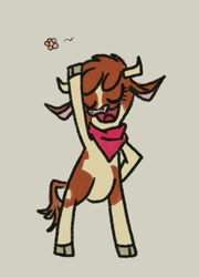 Size: 1321x1830 | Tagged: safe, artist:laya-21, character:arizona cow, species:cow, them's fightin' herds, bandana, bipedal, cloven hooves, eyes closed, female, flower, gray background, neckerchief, simple background, solo