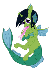 Size: 5994x8224 | Tagged: safe, artist:edhelistar, derpibooru original, oc, oc only, oc:demon hellspawn, absurd resolution, baby, blood, chewing, colored hooves, commission, cute, cute little fangs, eating, fangs, fins, fish, fish tail, half-earth pony, half-pony, half-siren, holding, hybrid, jewelry, looking at you, magical gay spawn, male, necklace, ocbetes, offspring, scales, simple background, solo, transparent background