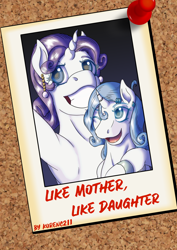 Size: 1240x1754 | Tagged: safe, artist:korencz11, character:rarity, oc, oc:pearl belle, parent:fancypants, parent:rarity, parents:raripants, species:pony, species:unicorn, fanfic:like mother like daughter, armpits, ear piercing, earring, fanfic, fanfic art, fanfic cover, jewelry, offspring, photo, piercing, polaroid