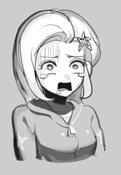 Size: 649x938 | Tagged: safe, artist:ceitama, character:trixie, my little pony:equestria girls, black and white, clothing, female, grayscale, hoodie, monochrome, shocked