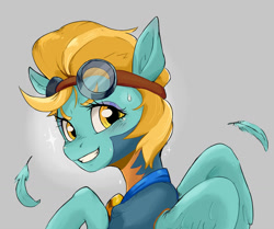 Size: 1506x1262 | Tagged: safe, artist:twitchykismet, character:lightning dust, species:pegasus, species:pony, bust, clothing, cute, dustabetes, feather, female, goggles, gray background, looking at you, looking back, looking back at you, mare, portrait, simple background, smiling, solo, sweat, uniform, wonderbolt trainee uniform