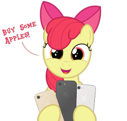 Size: 2985x2845 | Tagged: safe, artist:devfield, character:apple bloom, species:earth pony, species:pony, friendship is witchcraft, accessories, adorabloom, apple (company), apple bloom's bow, bow, bust, buy some apples, cellphone, cute, dialogue, featured on derpibooru, female, filly, foal, hair bow, head tilt, high res, holding, hoof hold, iphone, ipony, looking at you, open mouth, phone, product placement, pun, simple background, smartphone, smiling, smiling at you, solo, technology, text, transparent background, vector, visual gag