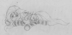 Size: 2787x1352 | Tagged: safe, artist:wapamario63, character:fluttershy, species:pegasus, species:pony, /mlp/, blushing, butt, clothing, cute, female, floppy ears, mare, monochrome, pencil drawing, shyabetes, socks, solo, striped socks, traditional art, wings