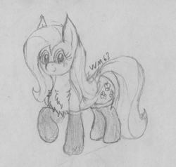 Size: 1903x1814 | Tagged: safe, artist:wapamario63, character:fluttershy, species:pegasus, species:pony, /mlp/, chest fluff, clothing, cute, female, frilly socks, lineart, mare, monochrome, pencil drawing, socks, solo, traditional art