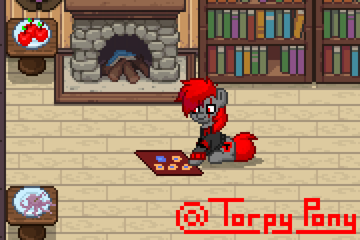 Size: 720x480 | Tagged: safe, artist:torpy-ponius, character:pinkie pie, oc, oc:cheif, oc:sacred sky heart, species:pony, pony town, animated, apple, book, bookcase, bookshelf, fireplace, floor, food, gif, pixel art, plant pot, pot, sneaking, transforming, yugioh card