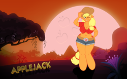 Size: 1920x1200 | Tagged: safe, artist:sheela, character:applejack, species:anthro, species:unguligrade anthro, applebucking thighs, belly button, big breasts, breasts, busty applejack, cleavage, clothing, curvy, daisy dukes, female, front knot midriff, hat tip, midriff, sexy, shorts, solo, wallpaper
