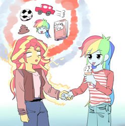 Size: 1222x1230 | Tagged: safe, artist:ceitama, character:rainbow dash, character:sunset shimmer, my little pony:equestria girls, car, daring do book, food, football, glowing eyes, ice cream, poop, sports, telepathy, tongue out
