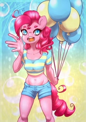 Size: 900x1273 | Tagged: safe, artist:lizzyoli-ravioli, character:pinkie pie, species:anthro, 2010s, 2014, balloon, belly button, blue eyes, breasts, bubble, clothing, denim shorts, exposed belly, happy, midriff, pink fur, pink mane, shirt, short shirt, shorts, t-shirt