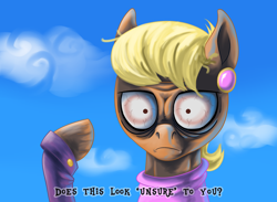 Size: 4108x3000 | Tagged: safe, artist:skunk bunk, character:ms. harshwhinny, species:earth pony, species:pony, clothing, cloud, detailed background, dialogue, does this look unsure to you?, ear piercing, earring, female, grumpy, jewelry, just one bite, meme, piercing, scarf, sky, spongebob squarepants, squidward tentacles, unsure