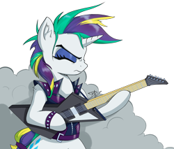 Size: 2652x2262 | Tagged: safe, artist:danli69, character:rarity, species:pony, species:unicorn, episode:it isn't the mane thing about you, g4, my little pony: friendship is magic, bracelet, dyed mane, female, guitar, jewelry, makeup, mare, musical instrument, punk, simple background, smoke, smoke bomb, solo, transparent background