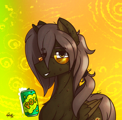 Size: 1780x1760 | Tagged: safe, artist:chebypattern, oc, oc:chebypattern, species:alicorn, species:pony, abstract background, alicorn oc, horn, male, smiling, soda can, solo, stallion, sunglasses, sweat, wings
