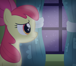 Size: 3150x2750 | Tagged: safe, artist:devfield, character:apple bloom, species:pony, bow, curtains, female, filly, glow, moonlight, night, sad, show accurate, solo, stars, sweet apple acres, tired, vignette, window, wrinkles