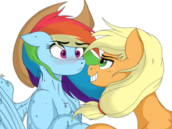 Size: 2048x1536 | Tagged: safe, artist:pimpartist101, character:applejack, character:rainbow dash, species:earth pony, species:pegasus, species:pony, ship:appledash, applejack's hat, blushing, clothing, cowboy hat, female, grin, hat, lesbian, shipping, simple background, smiling, white background